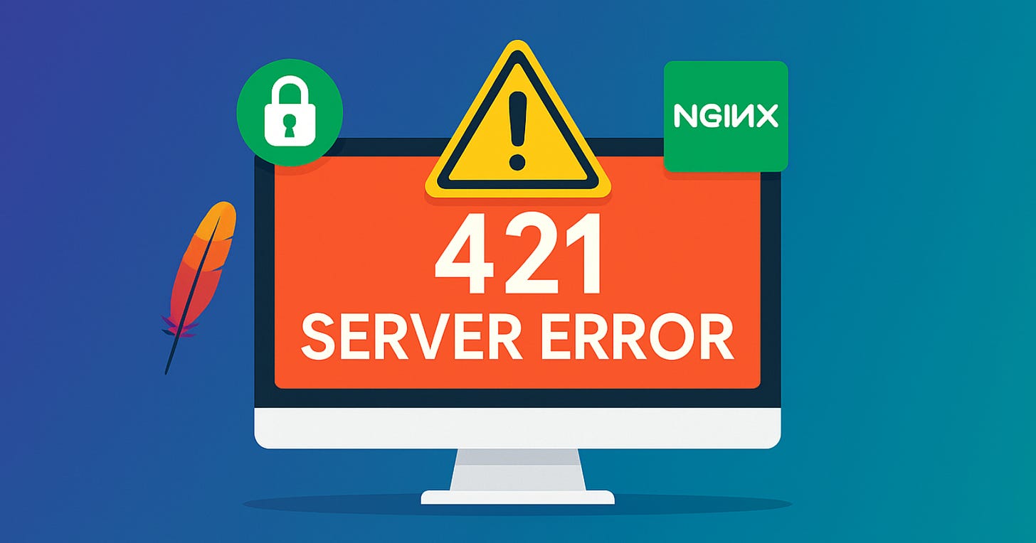 Illustration of 421 server error with Apache, NGINX, and SSL icons on a computer screen