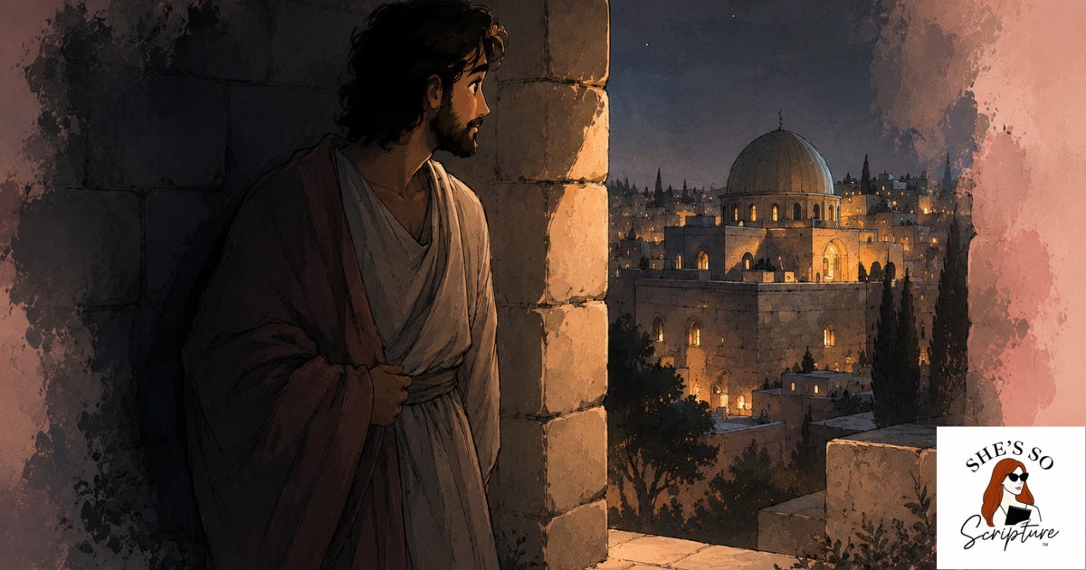 Illustrated figure standing at a stone doorway half in shadow and half in golden light with ancient Jerusalem architecture in the background in blush and cream watercolor tones