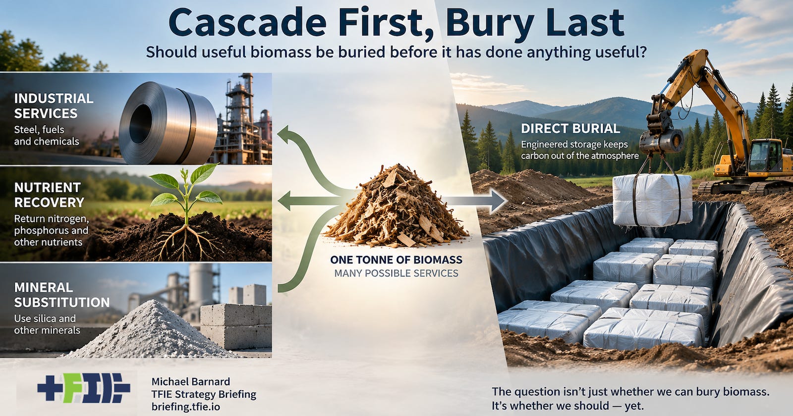 Editorial graphic contrasting engineered biomass burial with productive uses of biomass before final carbon storage. Editorial graphic contrasting engineered biomass burial with productive uses of biomass before final carbon storage.