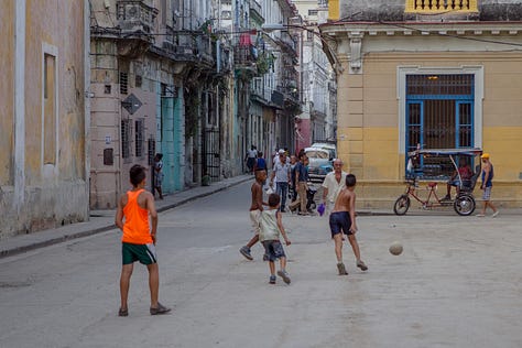 A second 3x3 grid of nine photographs from Havana, Cuba. The images show daily city life, including: kids jumping off the Malecón sea wall, people fishing at sunset, boys playing soccer in the street, classic American cars, a mural of Che Guevara, a dilapidated building, and a street vendor with a fruit cart.