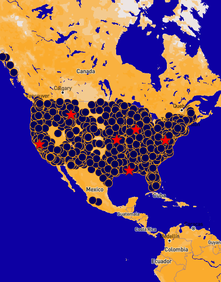 Map of the United States showing planned protest locations for No Kings Day, organized by the 50501 Movement. Hundreds of black circles mark protest sites across all regions, with red stars highlighting major coordination hubs in cities like Los Angeles, Dallas, Atlanta, Chicago, and New York. The map uses bold contrast with dark blue oceans and orange land to emphasize the scale of the national mobilization. Map of the United States showing planned protest locations for No Kings Day, organized by the 50501 Movement. Hundreds of black circles mark protest sites across all regions, with red stars highlighting major coordination hubs in cities like Los Angeles, Dallas, Atlanta, Chicago, and New York. The map uses bold contrast with dark blue oceans and orange land to emphasize the scale of the national mobilization.