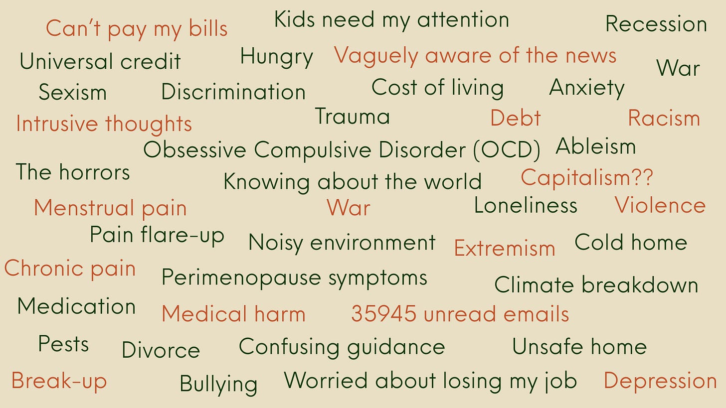 On a beige background, dark green and orange text is arranged in a chaotic arrangement that is hard to read. Text reads: War Kids need my attention  Can’t pay my bills  Recession Hungry  Universal Credit  Menstrual pain  Vaguely aware of the news  Obsessive Compulsive Disorder (OCD)  Sexism  Racism  Discrimination  Anxiety  Classism  Ableism  Knowing about the world  Climate breakdown  Violence  Debt  Cold home  Medication  Noisy environment  Pain flare-up  Chronic pain  Peri-menopause symptoms  Capitalism??  Loneliness  35945 unread emails  Confusing guidance  Medical harm  Pests  Unsafe home  Worried about losing my job  Break-up or divorce  Bullying  Depression.