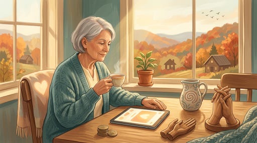 A woman sitting at a desk, looking at a device, with pair of hands on her desk.