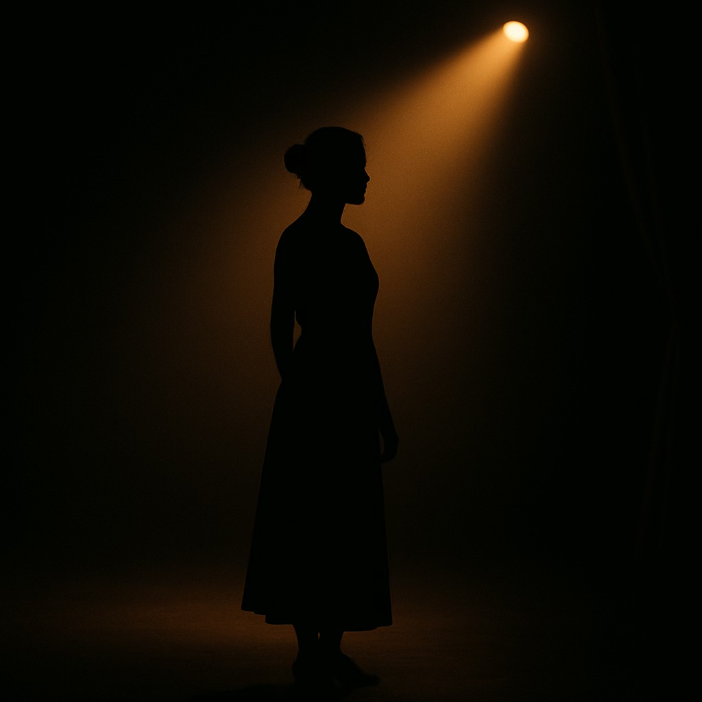 A silhouetted figure in a long dress stands alone on a dark stage. A single warm spotlight from the upper right casts light across her profile, creating a dramatic and contemplative atmosphere.