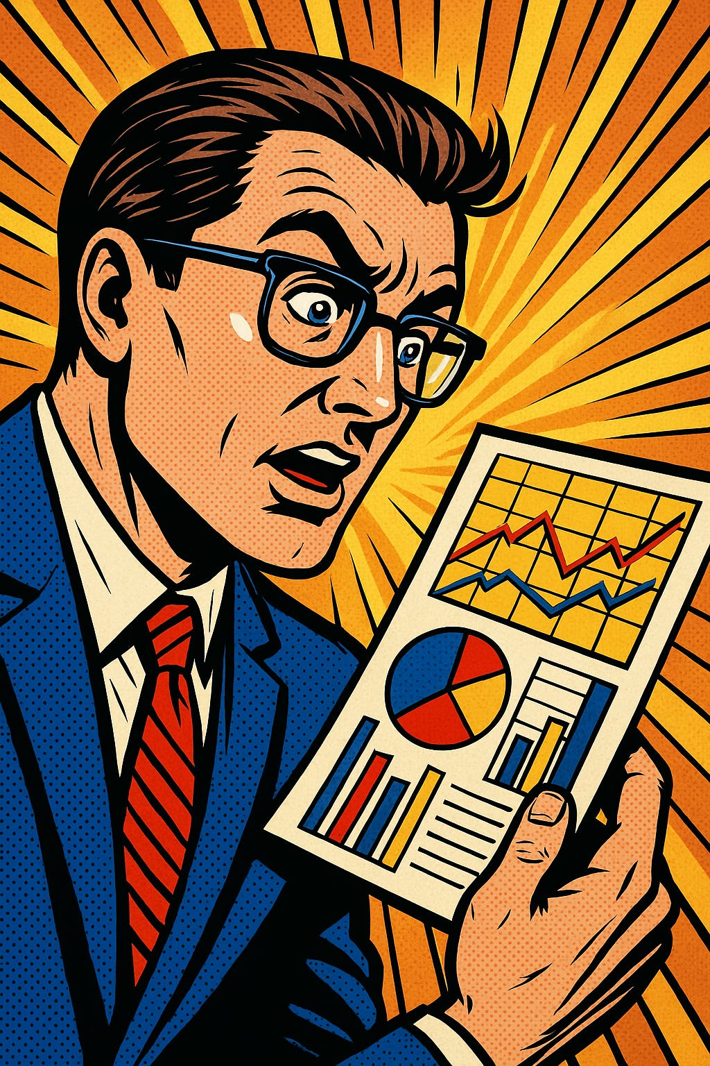 Analyste financier en style pop-art comic book regardant des graphiques
