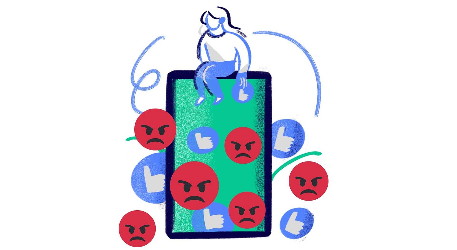 a mobile phone with likes and angry reactions