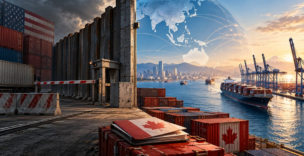 Image actuelle : Conteneurs canadiens dans un port, avec une frontière américaine fermée à gauche et des routes commerciales vers l’Asie à droite.