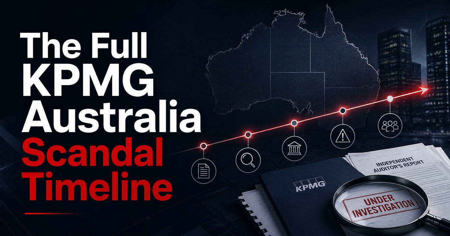 The Full KPMG Australia Scandal Timeline featured image showing audit investigation documents and an Australia timeline graphic
