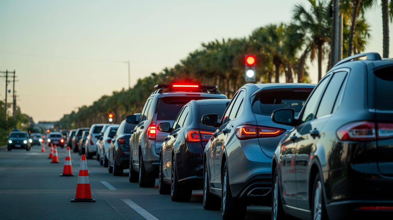 Vehicles lined up on West Malabar Road at sunrise, slowed by lane closures marked with orange cones.