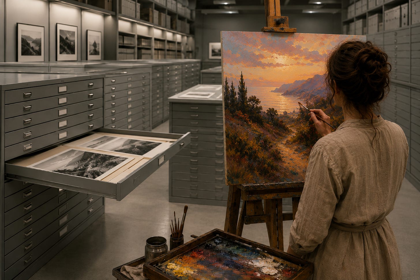 A vast, pristine photographic archive — flat files, labeled drawers, perfect prints just visible in one open drawer — and in the foreground, facing away from the drawers, a painter at an easel working from a small card-catalog card, painting a scene in warm, confident color. The painting is beautiful and does not quite match the photograph visible in the open drawer. A vast, pristine photographic archive — flat files, labeled drawers, perfect prints just visible in one open drawer — and in the foreground, facing away from the drawers, a painter at an easel working from a small card-catalog card, painting a scene in warm, confident color. The painting is beautiful and does not quite match the photograph visible in the open drawer.