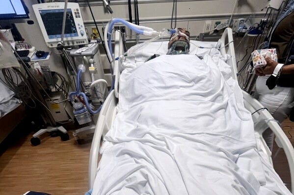This undated photo provided by his family shows Jaime Alanis inside Ventura County Medical Center, after he was injured during an immigration raid on Thursday, July 10, 2025 in Camarillo, Calif. (Family photo via AP) This undated photo provided by his family shows Jaime Alanis inside Ventura County Medical Center, after he was injured during an immigration raid on Thursday, July 10, 2025 in Camarillo, Calif. (Family photo via AP)