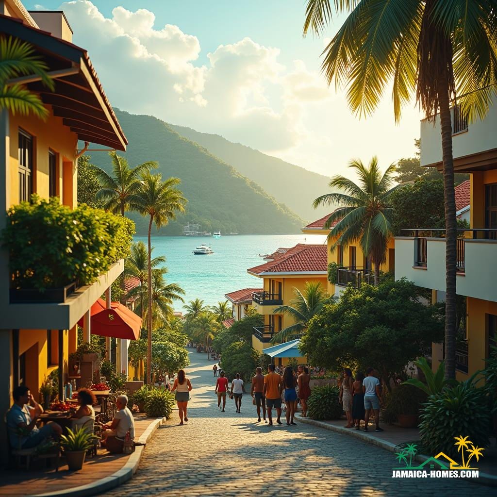 Vibrant, sun-kissed mixed-use developments in Jamaica, seamlessly blending residential, commercial, and recreational spaces along the coast and within urban centers, as if plucked from a cinematic film still, reminiscent of a Terrence Malick or Alejandro González Iñárritu masterpiece. Warm, golden light pours down, casting a gentle glow on bustling streets, where locals and visitors alike mingle, shopping, dining, and working amidst the lively atmosphere. Residential units, with balconies adorned with lush greenery, overlook the turquoise Caribbean Sea or vibrant cityscapes, evoking the style of architects like Frank Lloyd Wright or Ricardo Bofill. Commercial spaces, with sleek, modern facades, blend harmoniously with historic, colonial-era buildings, paying homage to Jamaica's rich cultural heritage.