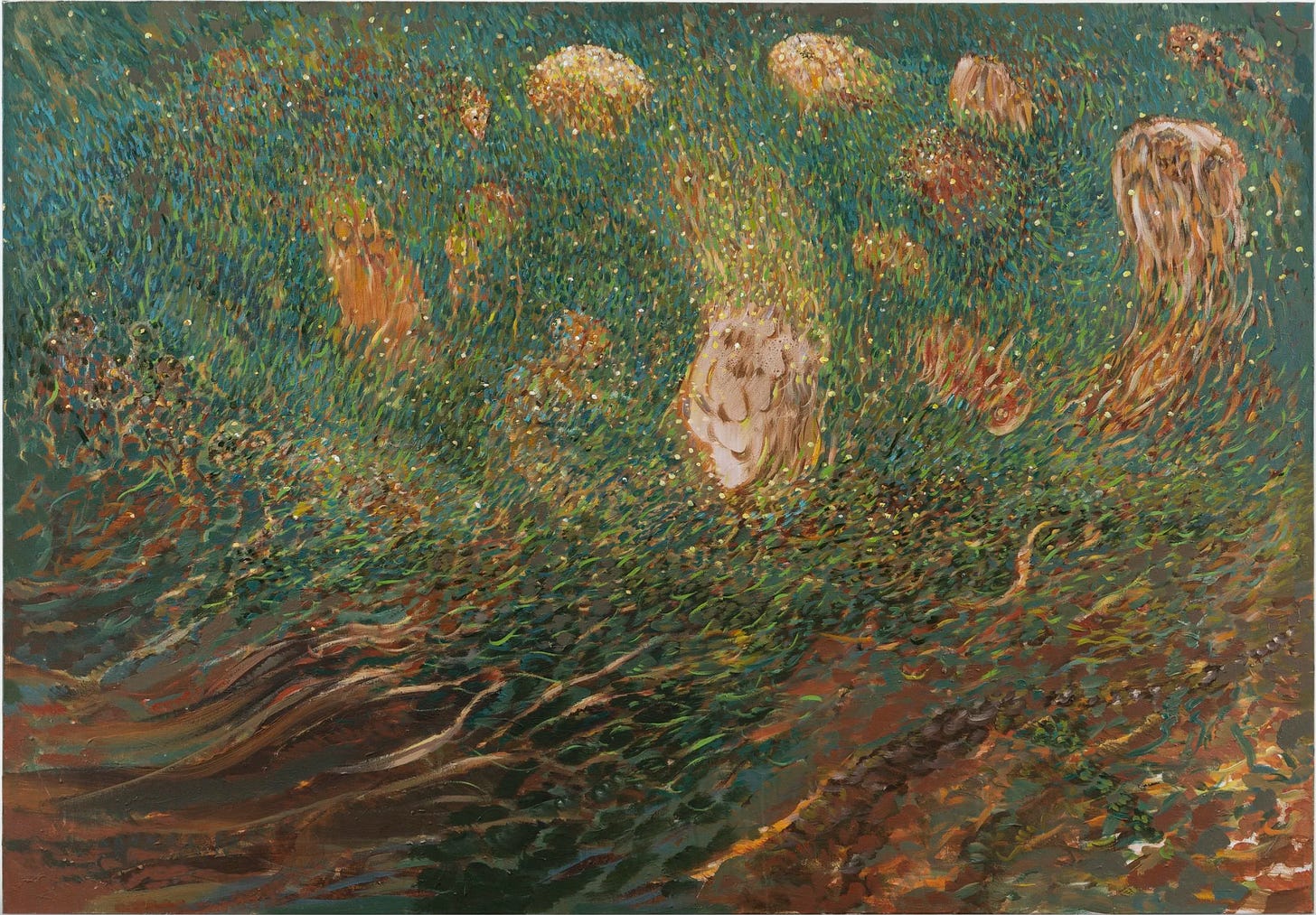 Pointillist landscape in greens and browns with hidden figures and animal forms emerging from the field.