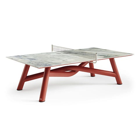 Partitina Ping-Pong / Dining / Working Table from Lava | Luci d'Oro Mamagola Suspension Light from Catellani & Smith | Secant Jug from Atelier Polyhedre