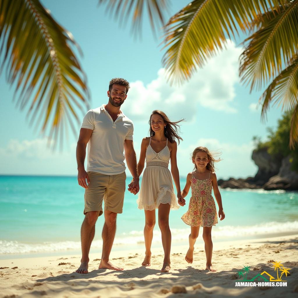 Young couple in their mid-twenties, dressed in casual island attire, standing with their two energetic kids, aged 4 and 6, on a sun-kissed Jamaican beach, surrounded by swaying palm trees and crystal-clear turquoise waters. The family's excited yet apprehensive expressions reflect their mix of emotions as they take in their new surroundings.