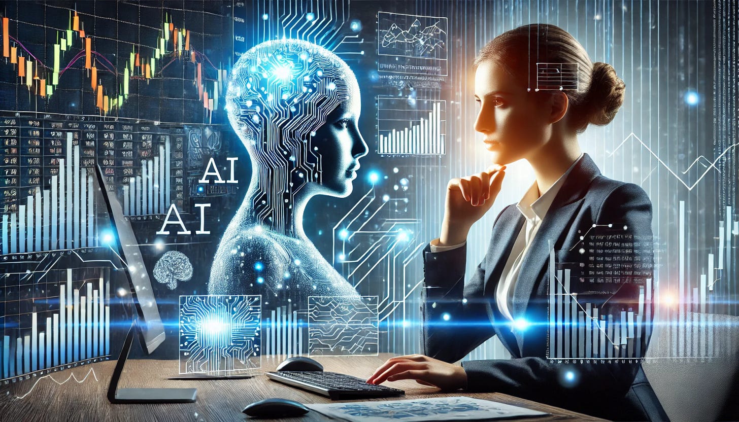 An image representing the collaboration between AI and human intuition in capital markets. A professional intelligent woman, a trader or financial analyst, is seated at a desk, analyzing data on multiple screens. Beside her, a glowing digital silhouette symbolizes AI, with circuits and neural networks intertwined. Stock charts, market data, and unstructured data like news articles flow between the human and AI figure, representing the synergy between human judgment and AI data processing. The background is sleek with cool blue tones, evoking innovation and collaboration.