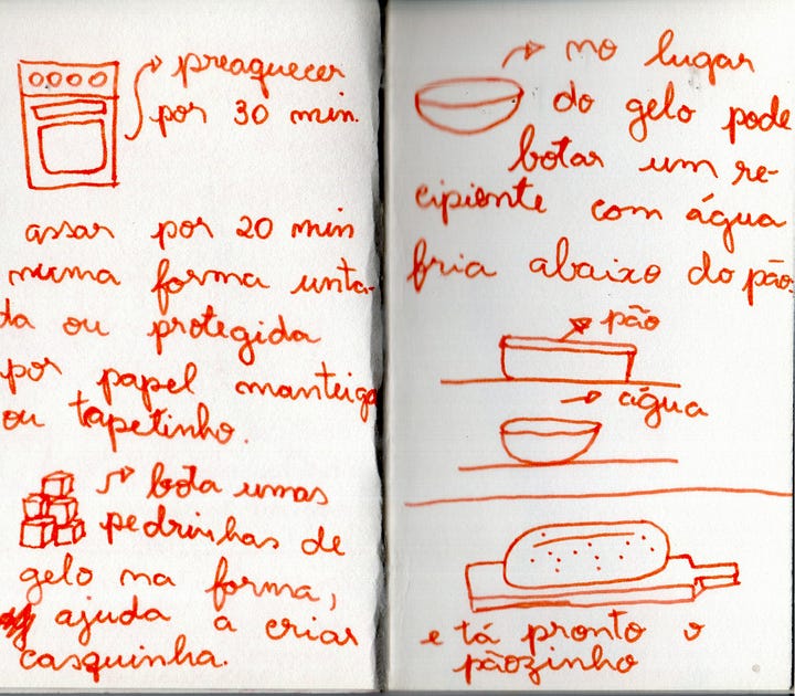 Imagem 1: Esta é uma imagem de um caderno de receitas aberto, com uma caligrafia manual em caneta vermelha sobre um papel levemente amarelado. O texto está dividido em duas colunas, correspondentes às duas páginas do caderno, e inclui pequenos desenhos simples (estilo doodle) que ilustram as etapas. Aqui está a descrição detalhada do conteúdo: Página da Esquerda: Ingredientes e Início No topo, o título diz: "Ciabatta sem dobra (muito fácil)". Abaixo, a lista de ingredientes utiliza desenhos para representar as medidas: 3 xícaras de trigo (representadas por um desenho de xícara). 2 colheres de chá de fermento biológico seco (ou 1 sachê). 1 e 1/2 colher de chá de sal. 1 e 1/2 xícara de água morna. No meio da página, há um desenho de uma tigela com uma colher dentro. Ao lado, a instrução: "mistura tudo muito bem e deixa descansar por 2-3h". No rodapé, um desenho de um personagem pequeno e fofinho deitado, relaxando, com a frase: "descansar é bom demais". Página da Direita: Modelagem e Dicas O texto continua no topo: "Depois que a massa descansar, faz uma bolinha puxando os cantos da massa pra dentro". Há um desenho de um retângulo pontilhado representando a bancada. A instrução reforça: "faça isso numa superfície retangular e bastante polvilhada com farinha de trigo". Na parte inferior, uma dica importante escrita de forma enfática: "já pode assar, mas fica mais fofinho se a massa descansar 12h na geladeira". Há um pequeno desenho de um floco de neve ao lado da palavra geladeira. Imagem 2: Página da Esquerda Desenho de um forno: No topo, há um esboço de um forno com a instrução para preaquecer por 30 minutos. Instruções de cozimento: O texto diz para assar por 20 minutos em uma forma untada ou forrada com papel manteiga/tapetinho de silicone. Dica para a crosta: Há um desenho de pequenos cubos e a explicação de que colocar pedrinhas de gelo na forma ajuda a criar a "casquinha" crocante do pão. Página da Direita Alternativa ao gelo: O texto explica que, em vez do gelo, pode-se colocar um recipiente com água fria na prateleira abaixo da forma do pão. Diagrama: Um esquema visual mostra o "pão" em cima e a "água" logo abaixo para ilustrar o posicionamento no forno. Finalização: Na parte inferior, há um desenho de um pão sobre uma tábua de madeira com a frase: "e tá pronto o pãozinho".