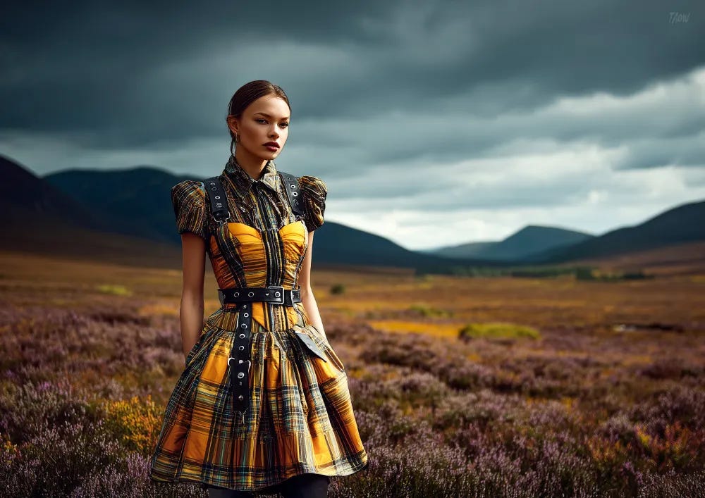 in a sweeping landscape, a model wearing a bright chic tartan plaid taffeta bustier and skirt, black buckles, zipped front, punk accents, surrounded by muted heathers, background mountains, strong visual flow --ar 7:5 --stylize 400 --v 7