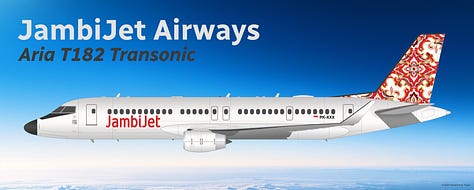 The current JambiJet fleet: 1) Airbus A320neo, 2) Airbus A320-200, 3) Aria T102 Transonic, 4) Aria T152 Transonic, 5) Aria T182 Transonic, and 6) Aria T212 Transonic - all in example Batik liveries, all shown in side view while in midflight.