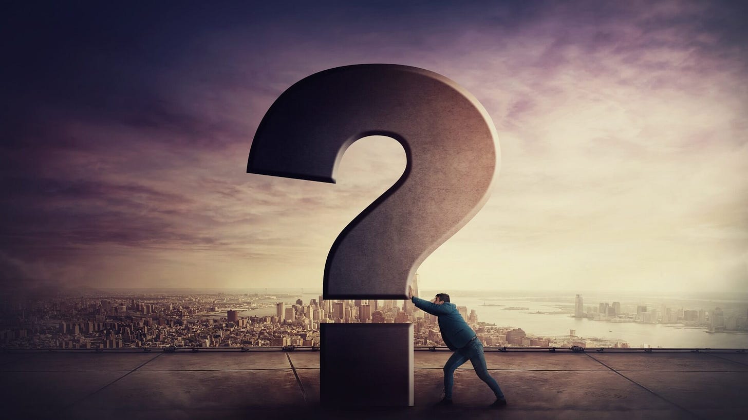 Illustration of a man on a rooftop pushing a giant question mark. Illustration of a man on a rooftop pushing a giant question mark.