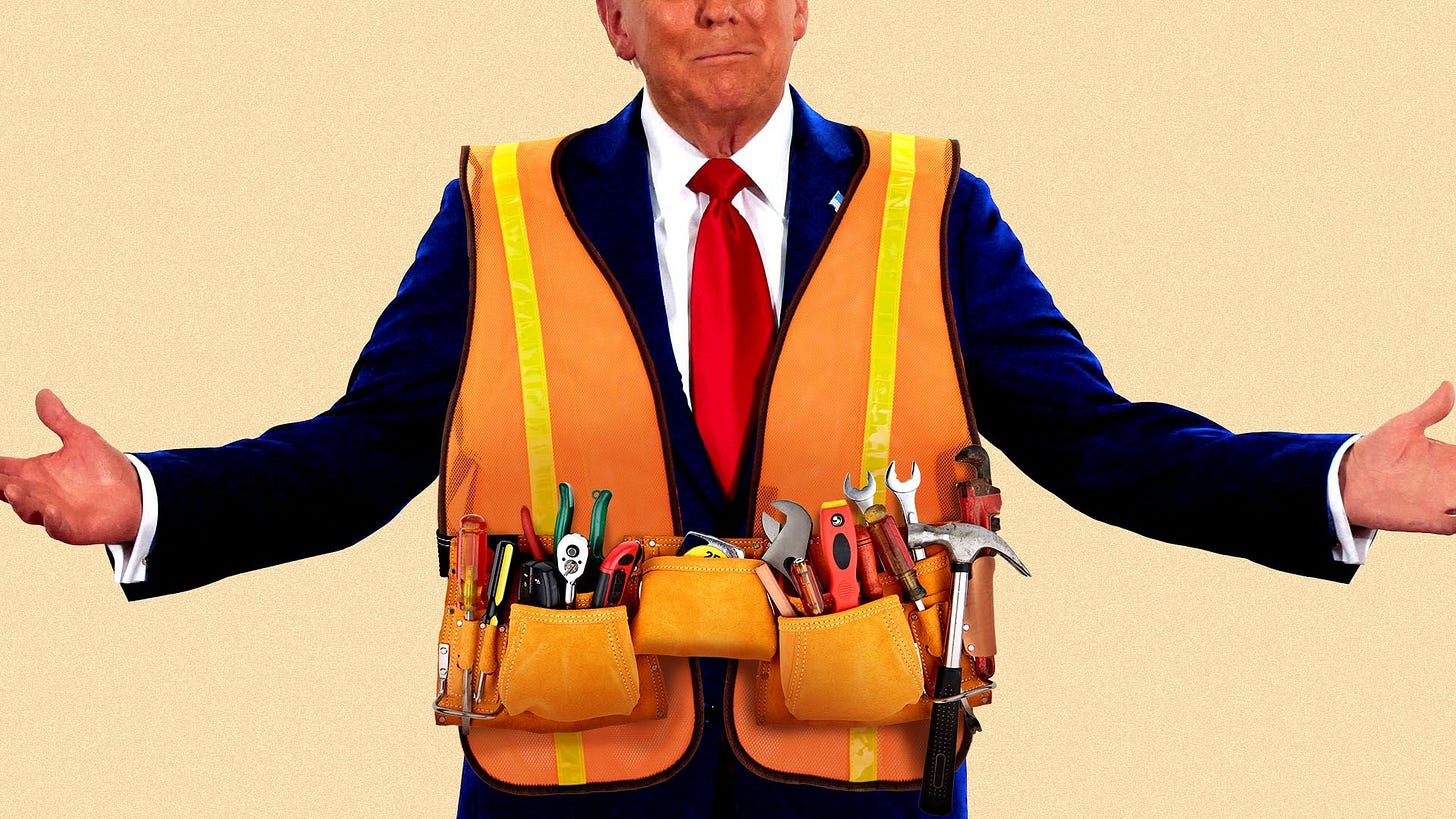 Photo illustration of President Donald Trump wearing a construction worker's vest and tool belt 