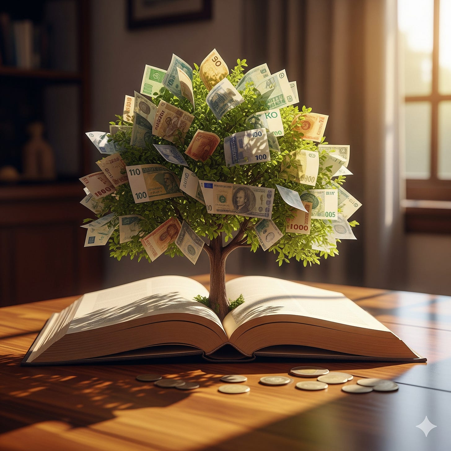 a pretty money tree rising out of a book (passive income from writing)