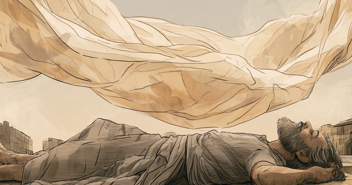 Whimsical watercolor illustration of a woman gazing up at a great cloth descending from the sky holding faint animal shapes, in soft blush pink and peach tones.