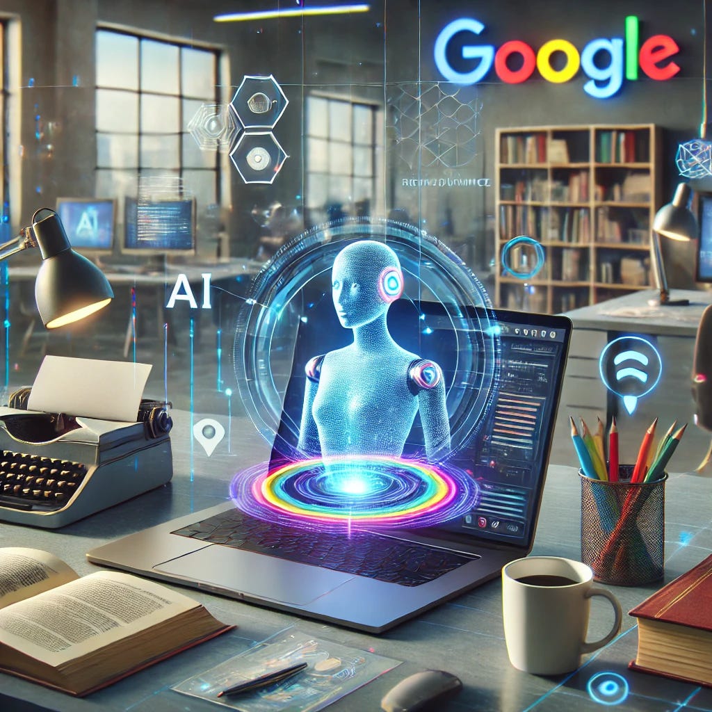 A futuristic workspace setup featuring a sleek laptop displaying an AI-powered note-taking app, surrounded by books, documents, and a glowing holographic AI assistant interacting with the screen. The background shows a modern office with a minimalist design, subtle tech-themed elements, and vibrant lighting that suggests productivity and innovation. Include subtle Google branding colors like blue, red, yellow, and green in the interface and holographic elements. A futuristic workspace setup featuring a sleek laptop displaying an AI-powered note-taking app, surrounded by books, documents, and a glowing holographic AI assistant interacting with the screen. The background shows a modern office with a minimalist design, subtle tech-themed elements, and vibrant lighting that suggests productivity and innovation. Include subtle Google branding colors like blue, red, yellow, and green in the interface and holographic elements.