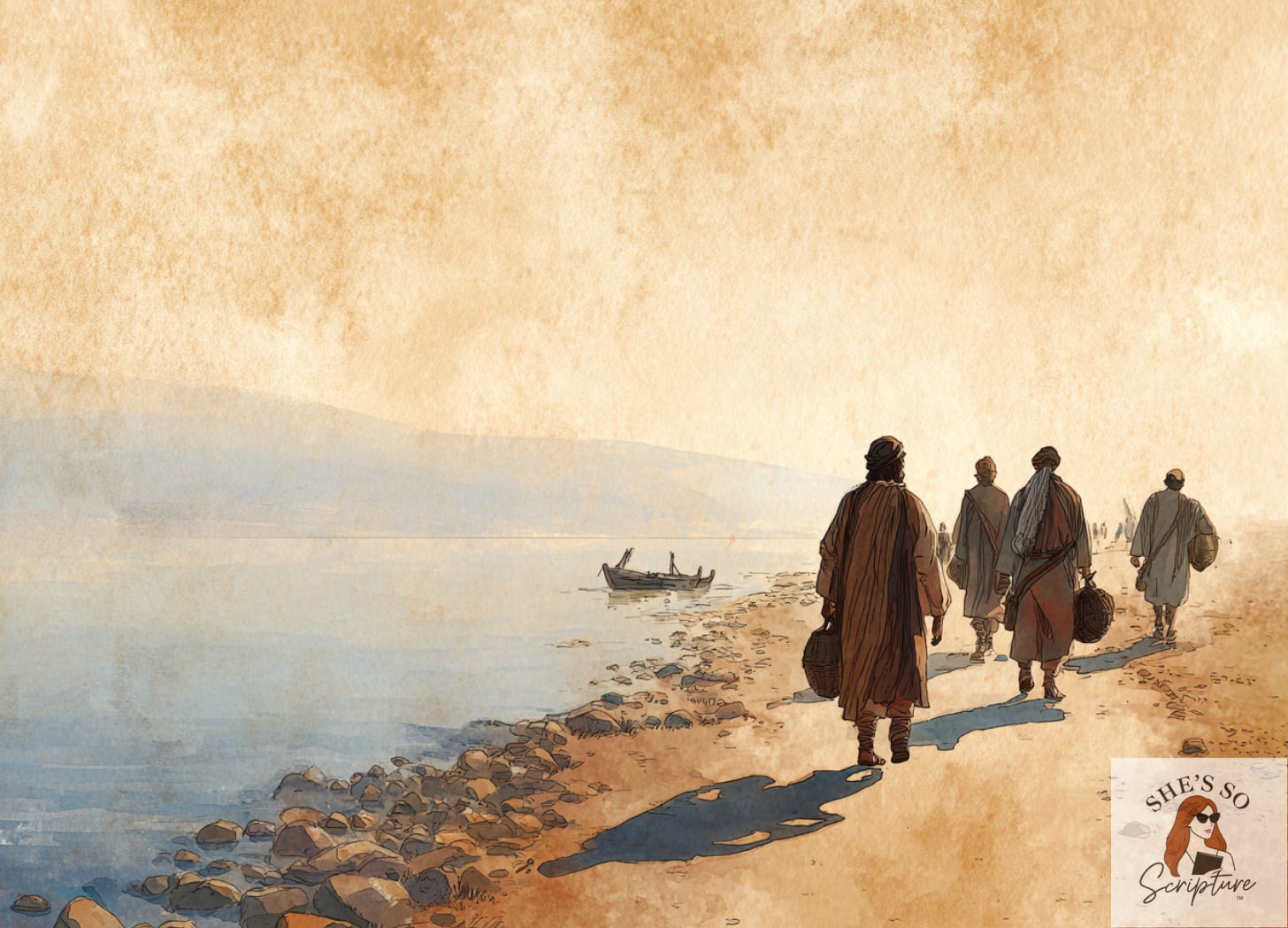 Illustration of a first century Jewish Rabbi walking along the Sea of Galilee with several ordinary men following him, representing Jesus’s choice of unexpected disciples and the call to apprenticeship.