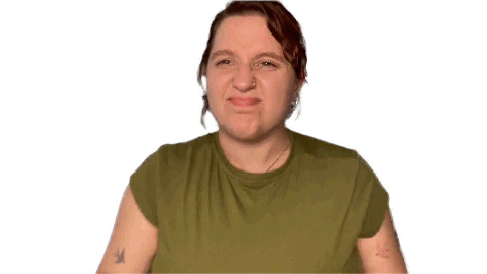 An animated GIF of Carolyn signing 'me Deaf, you sign?' in American Sign Language. An animated GIF of Carolyn signing 'me Deaf, you sign?' in American Sign Language.