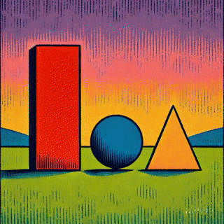 An abstract illustration featuring geometric shapes: a tall red rectangle, a blue circle, and a yellow triangle, set against a colorful gradient background of purple, pink, and green.