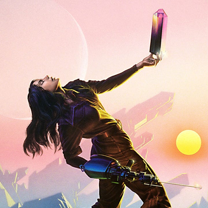 LEFT: Figure detail from CRYSTAL SINGER featuring a woman in brown jumpsuit arching her back as she holds out a large black crystal that against pale pink sky shows through magenta at its faceted edge. RIGHT: Close detail from CRYSTAL SINGER featuring Killashandra arching back as she holds a large black crystal. Against the pale pink sky the upper crystal shows through magenta on its faceted edge. Her eyes are closed as she seems lost in ecstasy.