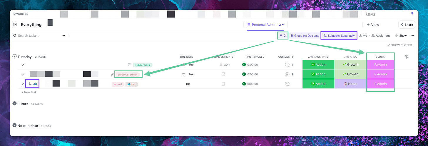Screenshot showing a filter in ClickUp displaying my personal admin tasks