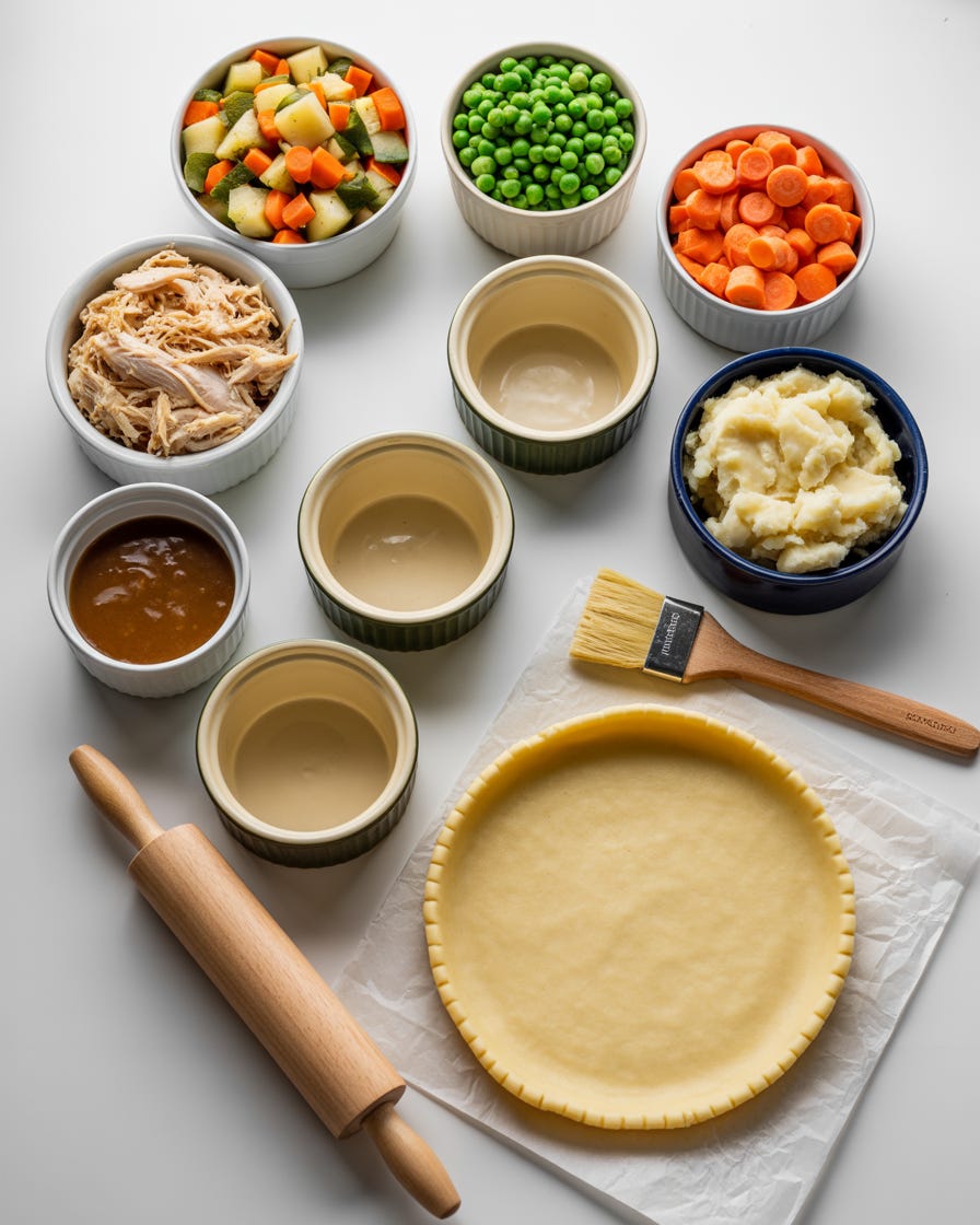white ramekins filled with items for turkey pot pie, pie crust and utensils