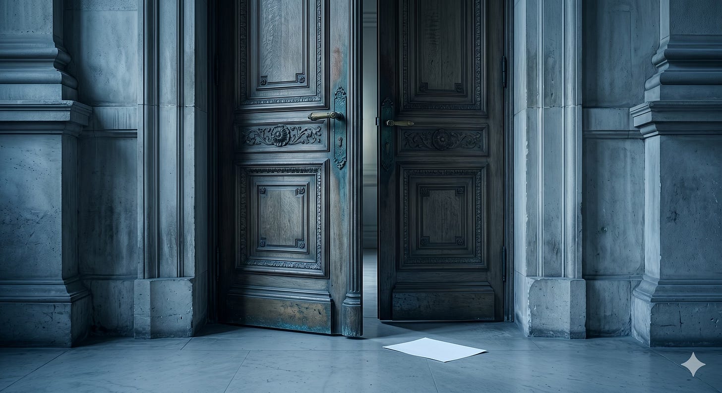 A large ornate wooden door stands slightly ajar in an institutional stone building with marble floors and carved columns. A single sheet of white paper lies on the floor in front of it. The image is lit in cool blue-grey tones, suggesting quiet and finality.