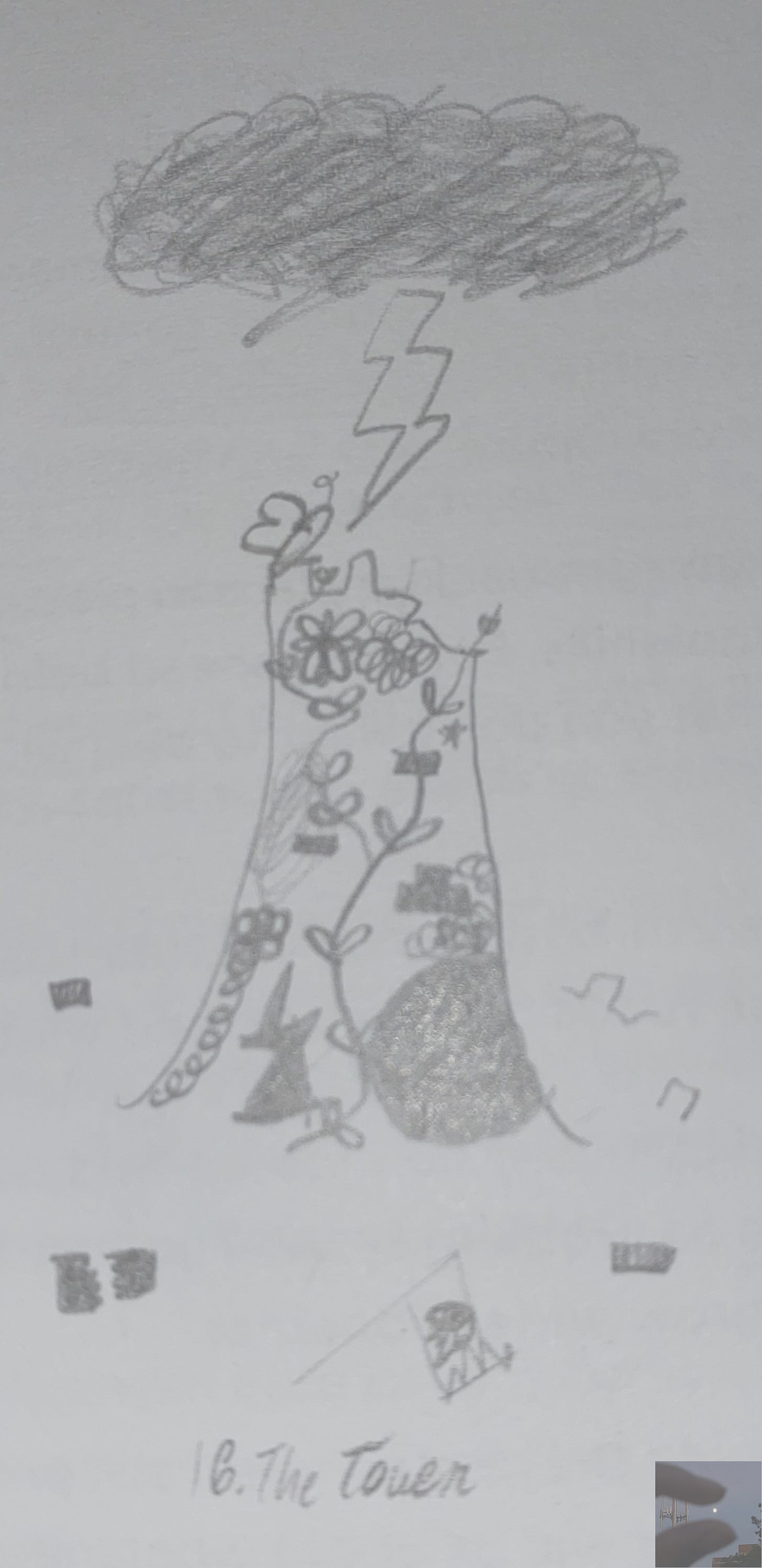 A drawing of a crumbled, destroyed tower with a butterfly resting on top and a lightning strike descending to meet it