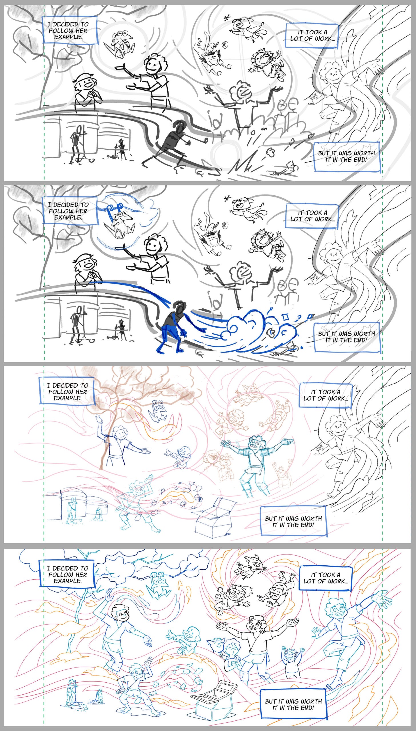 Four versions of the comic panel as it undergoes revision. 