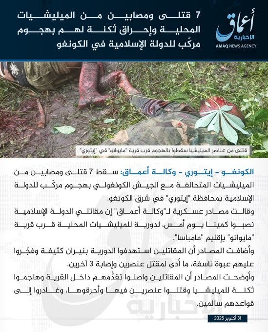 Arabic text overlay on a graphic image showing bloodied severed limbs on the ground with an official stamp from Amaq News Agency including the agencys logo and date 2024.