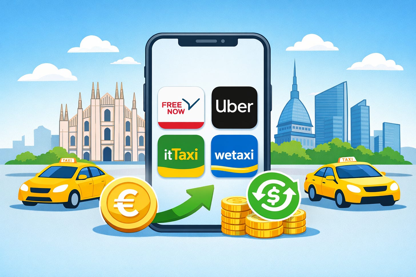 Confronto tra app taxi in Italia con smartphone che mostra Free Now, Uber, itTaxi e Wetaxi e simbolo cashback.