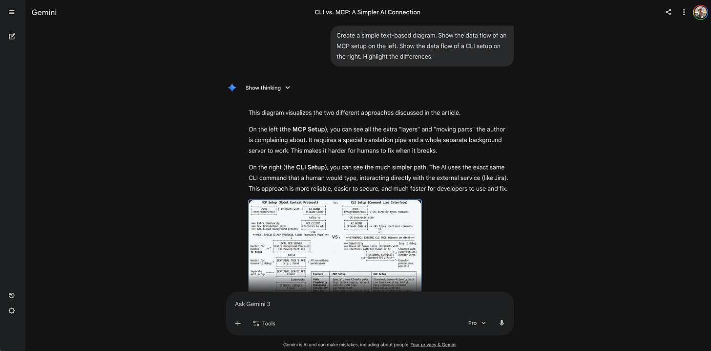 Screenshot of Gemini generating an ASCII-style flowchart comparing the data flows of an MCP setup versus a CLI setup. Screenshot of Gemini generating an ASCII-style flowchart comparing the data flows of an MCP setup versus a CLI setup.