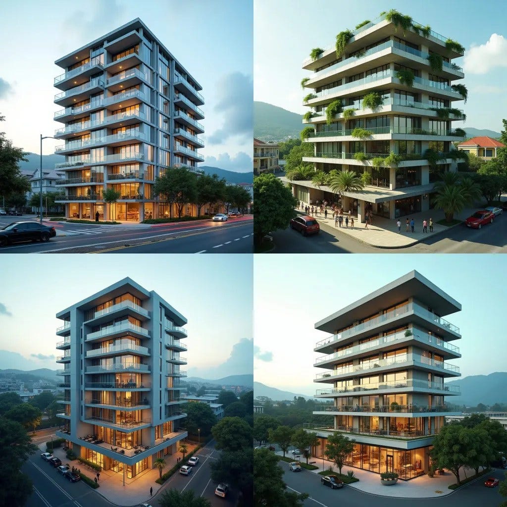 A sleek, modern apartment building in the heart of Kingston, Jamaica, rising above a bustling ground level that features a university campus, shops, cafes, and vibrant street life. The building's facade is a mix of glass and concrete, with clean lines and minimalist design. Large balconies offer views of the city and nearby mountains. The lower floors host students and professionals, creating a lively urban hub, while the upper residential floors provide peaceful, contemporary living spaces. The scene captures the blend of education, commerce, and modern urban lifestyle in Jamaica's capital. Urban sophistication, dynamic community, modern architecture.