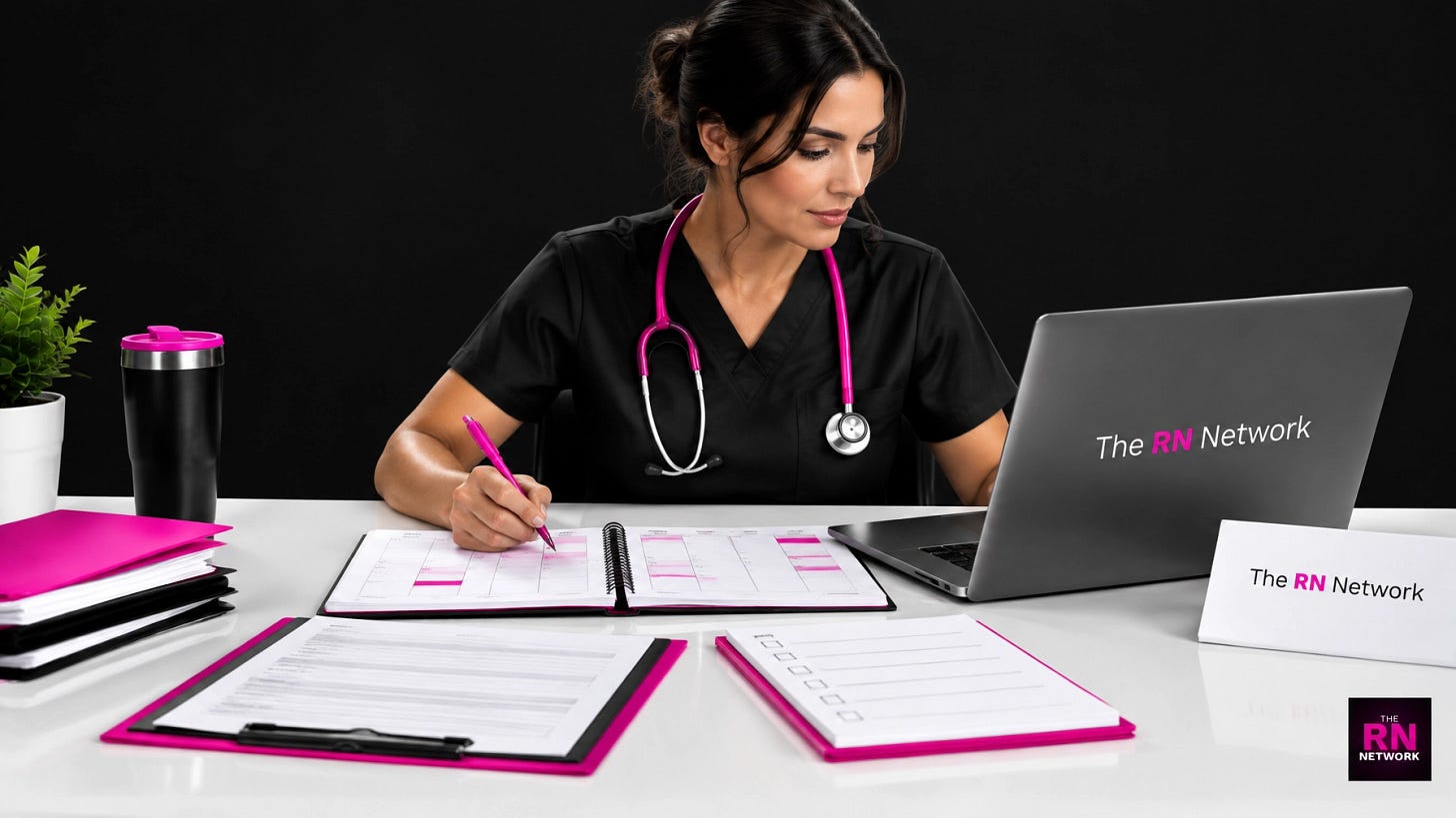 A registered nurse organizing a business schedule and client paperwork at a desk A registered nurse organizing a business schedule and client paperwork at a desk