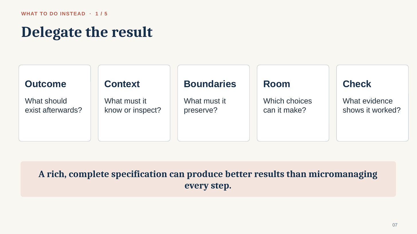 A delegation brief defines the outcome, context, boundaries, room to manoeuvre, and evidence of success. A delegation brief defines the outcome, context, boundaries, room to manoeuvre, and evidence of success.