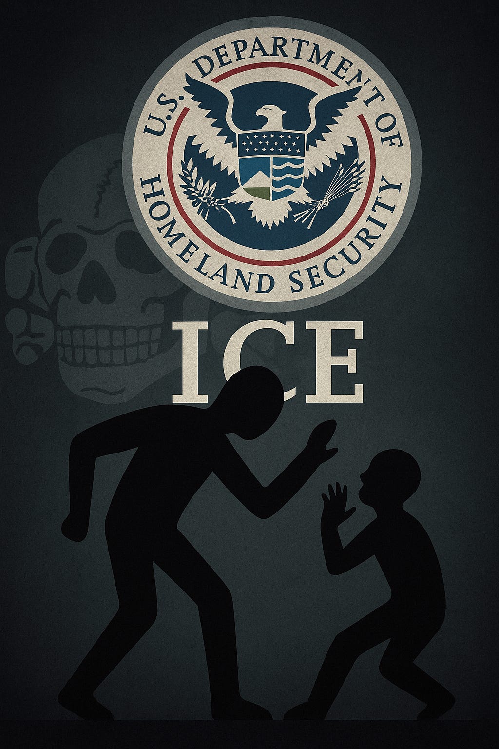 A digital illustration in dark, muted tones showing the SS Totenkopf (Death’s Head) emblem looming in the background, partially faded but clearly visible. Superimposed over it is the official U.S. Immigration and Customs Enforcement (ICE) logo, centered and prominent. Below the logos, two simplified, faceless human figures are depicted: one large, menacing figure standing over a smaller, cowering figure with an arm raised in fear. The image conveys themes of intimidation and historical parallels between past and present systems of repression.