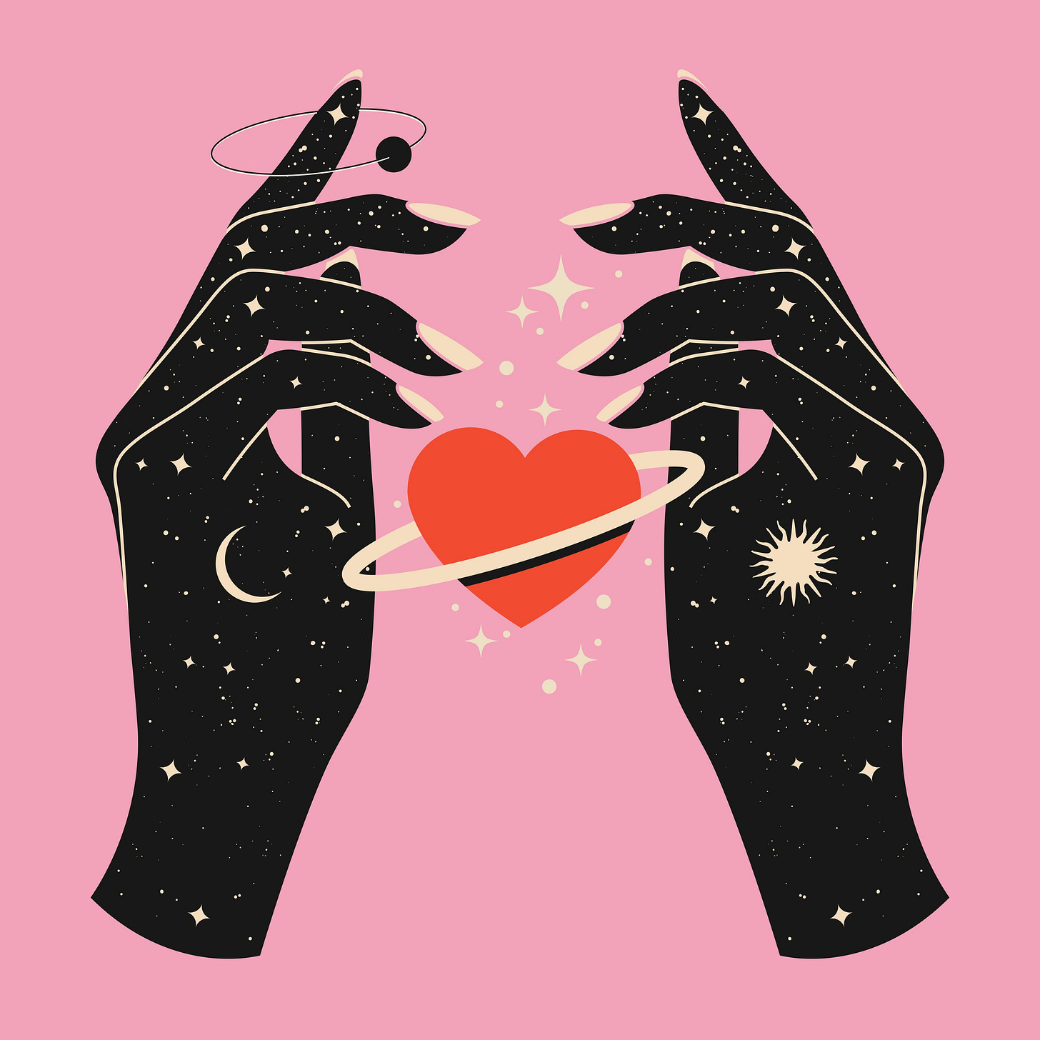 Illustration of two hands with a heart between them, with the sun, moon and Saturn rings. 