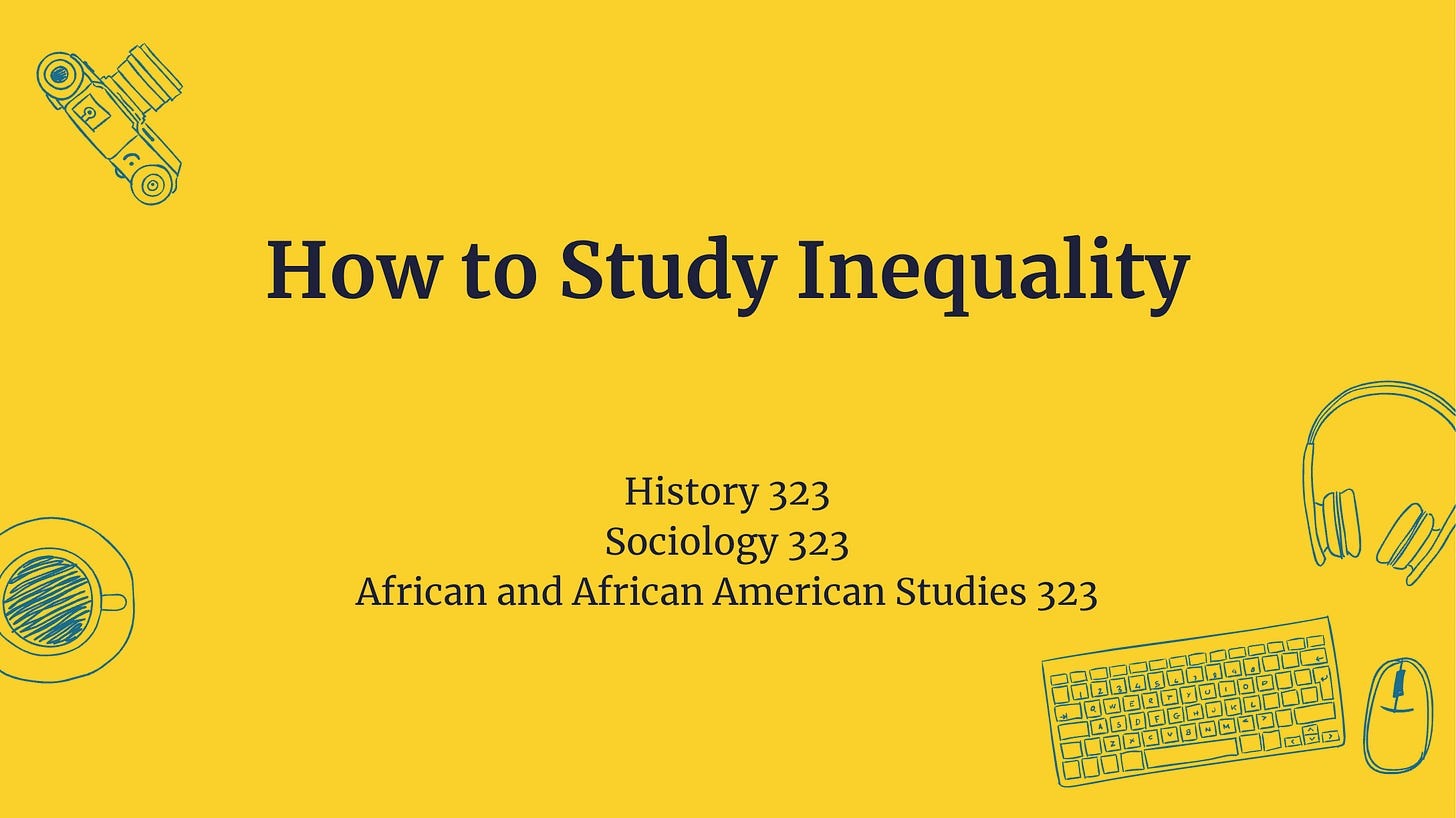 Image of a presentation slide: How to Study Inequality (History 323, Sociology 323, AAAS 323). 2024. Image of a presentation slide: How to Study Inequality (History 323, Sociology 323, AAAS 323). 2024.