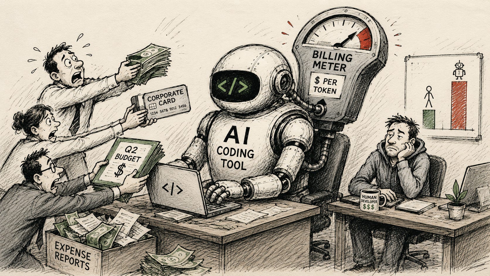 A hand-drawn editorial cartoon shows a giant AI coding robot with an oversized parking meter attached to its back as panicked office workers feed it cash, corporate credit cards, and budget reports to keep it running. Off to the side, a bored human software developer sits quietly at a desk, emphasizing the irony that the AI tool has become more expensive than the person it was meant to help.