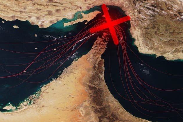 Satellite view of the Strait of Hormuz with red shipping lines and a large red X mark, symbolizing a blockade, maritime conflict, or trade disruption in this strategic global oil chokepoint.