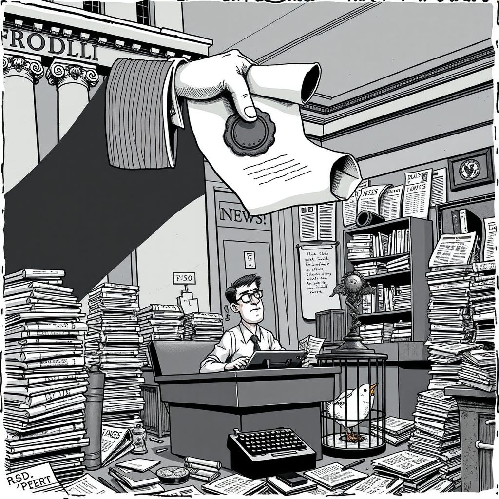 Single-panel editorial cartoon, bold ink linework, flat satirical color palette. A massive shadowy hand in a pinstriped suit sleeve reaches out of an ornate marble government building, clutching an ov