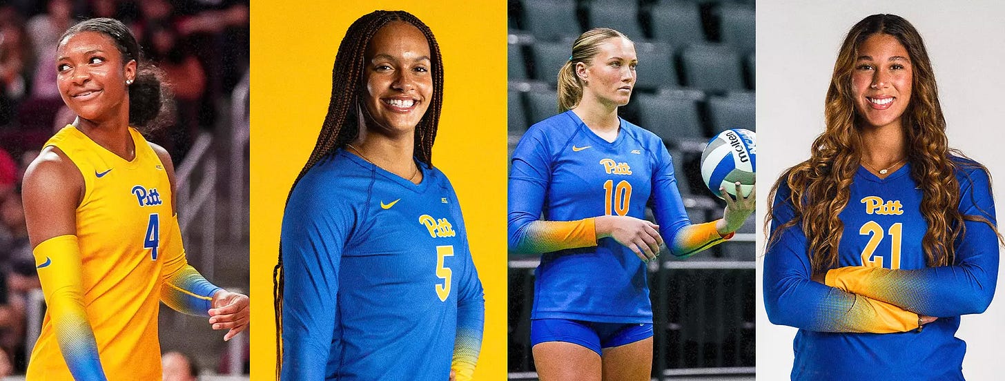 From left to right: Pitt volleyball outside hitter Torrey Stafford, right side Olivia Babcock, setter Rachel Fairbanks and middle blocker Bre Kelley. From left to right: Pitt volleyball outside hitter Torrey Stafford, right side Olivia Babcock, setter Rachel Fairbanks and middle blocker Bre Kelley.